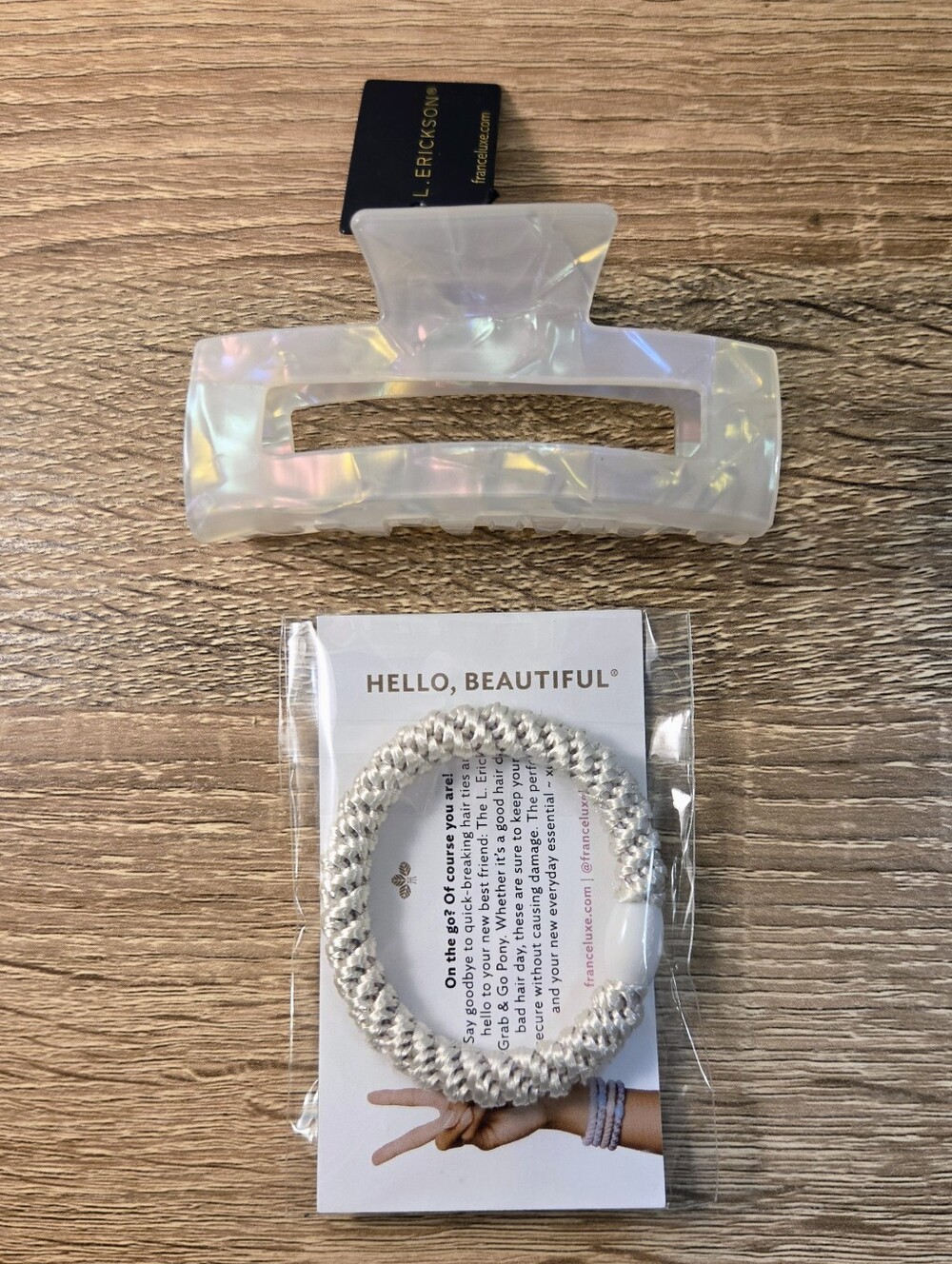 France Luxe L. Erickson Rectangle Claw Clip + Grab & Go Pony Hair Tie - Opal - Picture 2 of 7
